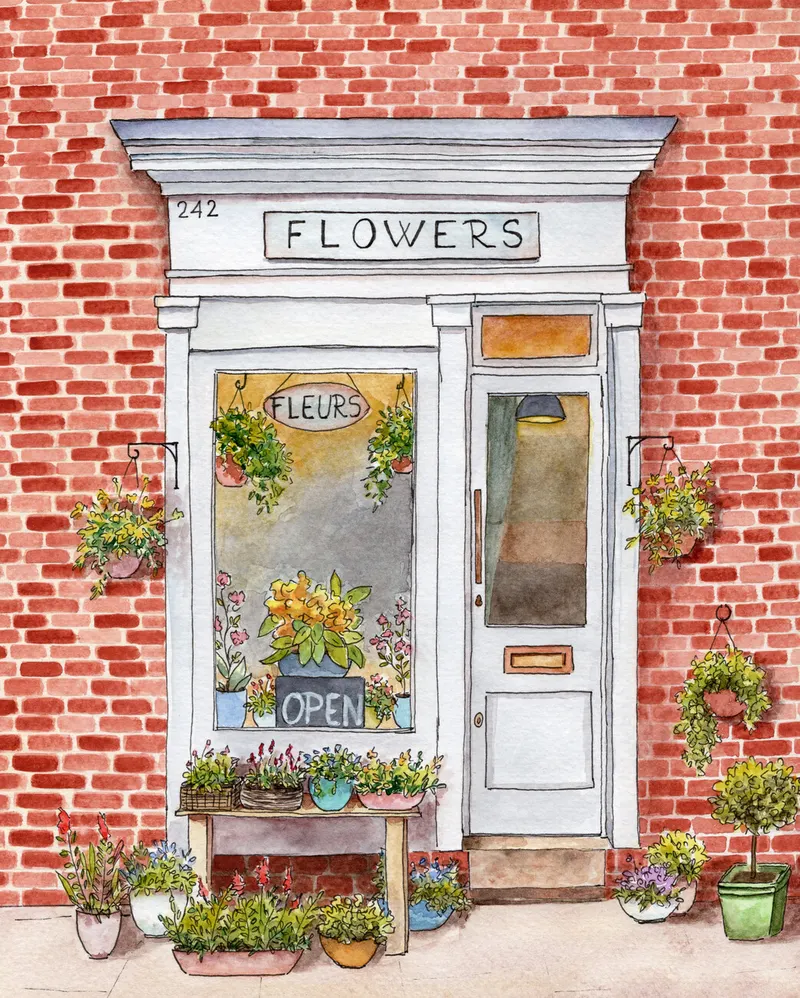 Watercolor of the Bloom shop front, a white door with hanging flower baskets on a red brick wall